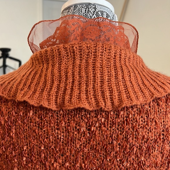 Jamie Gries burnt orange boho sweater cardigan lace & ruffle trim size small - Picture 5 of 13